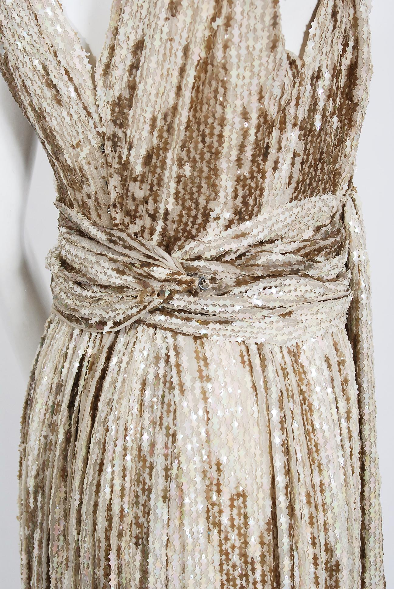 Vintage 1940's French Couture Iridescent Ivory Gold Sequin Silk Draped Gown For Sale 3