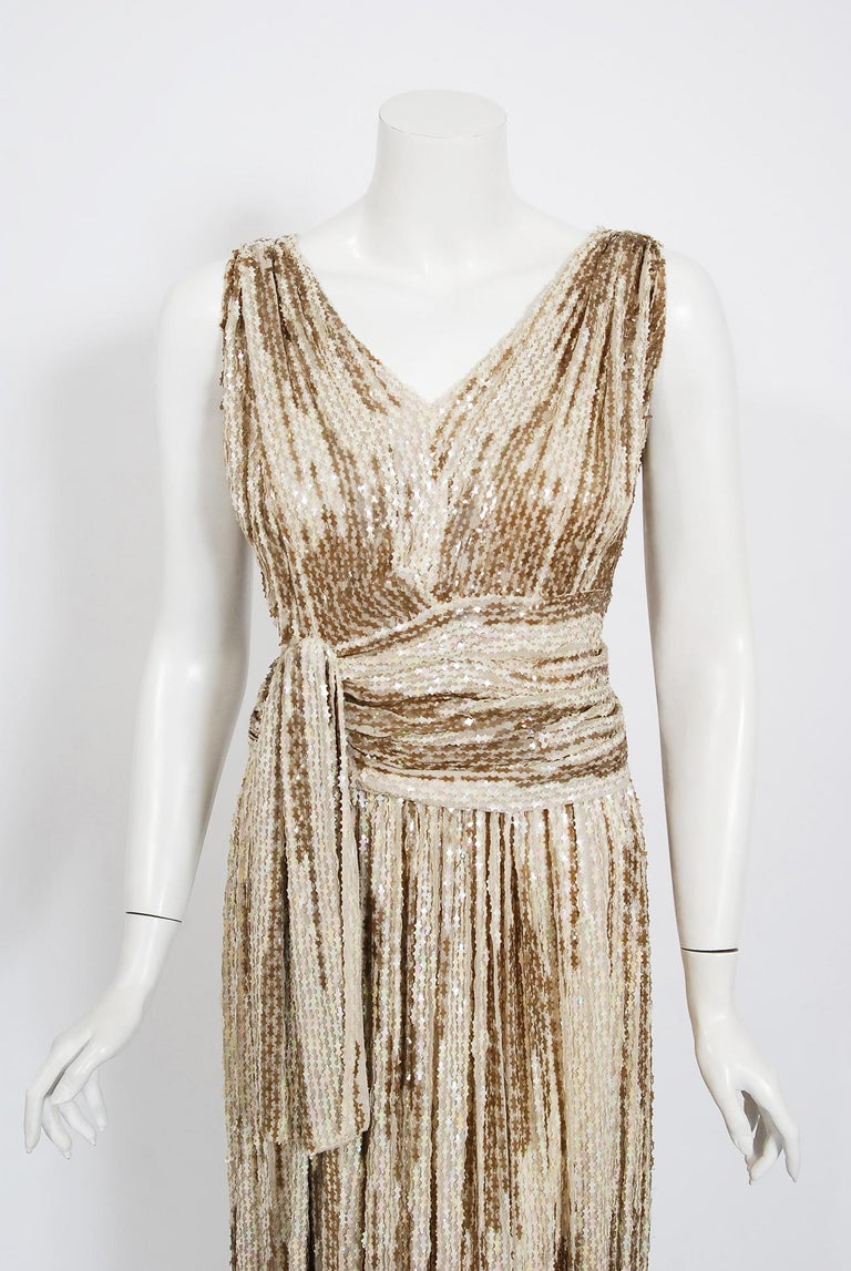 Vintage 1940's French Couture Iridescent Ivory Gold Sequin Silk Draped ...