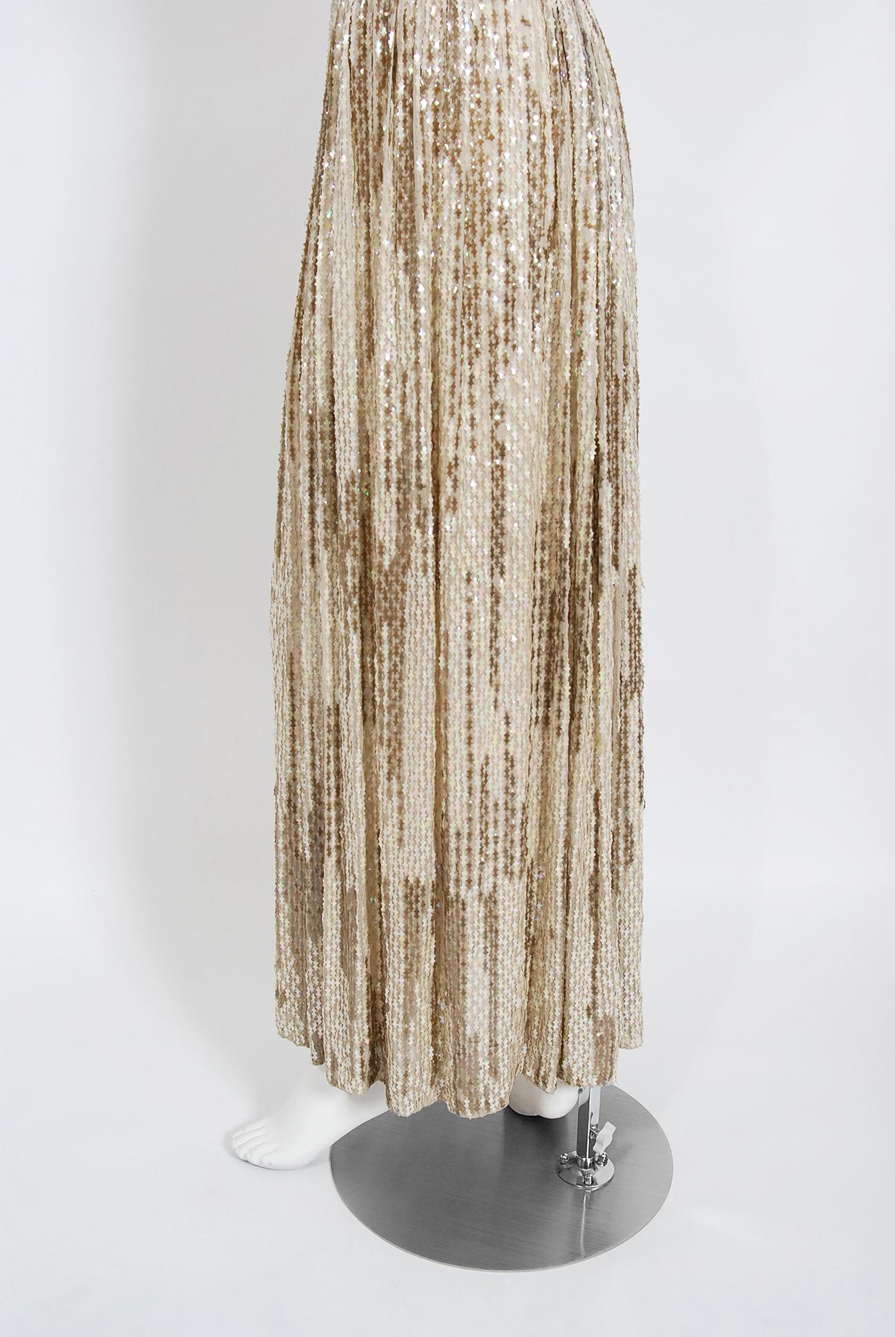 Vintage 1940's French Couture Iridescent Ivory Gold Sequin Silk Draped Gown In Good Condition For Sale In Beverly Hills, CA