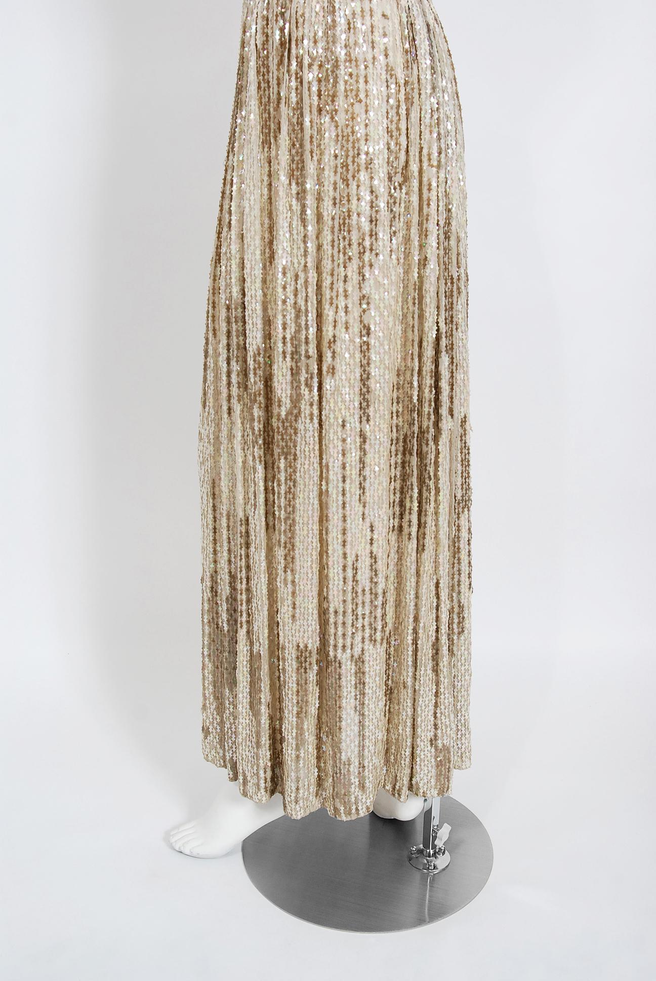 1940's Iridescent Ivory Gold Beaded Sequin Silk Draped Goddess Couture Gown In Good Condition For Sale In Beverly Hills, CA