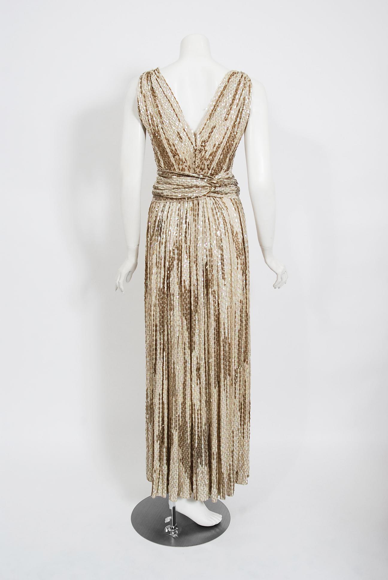 Vintage 1940's French Couture Iridescent Ivory Gold Sequin Silk Draped Gown For Sale 1