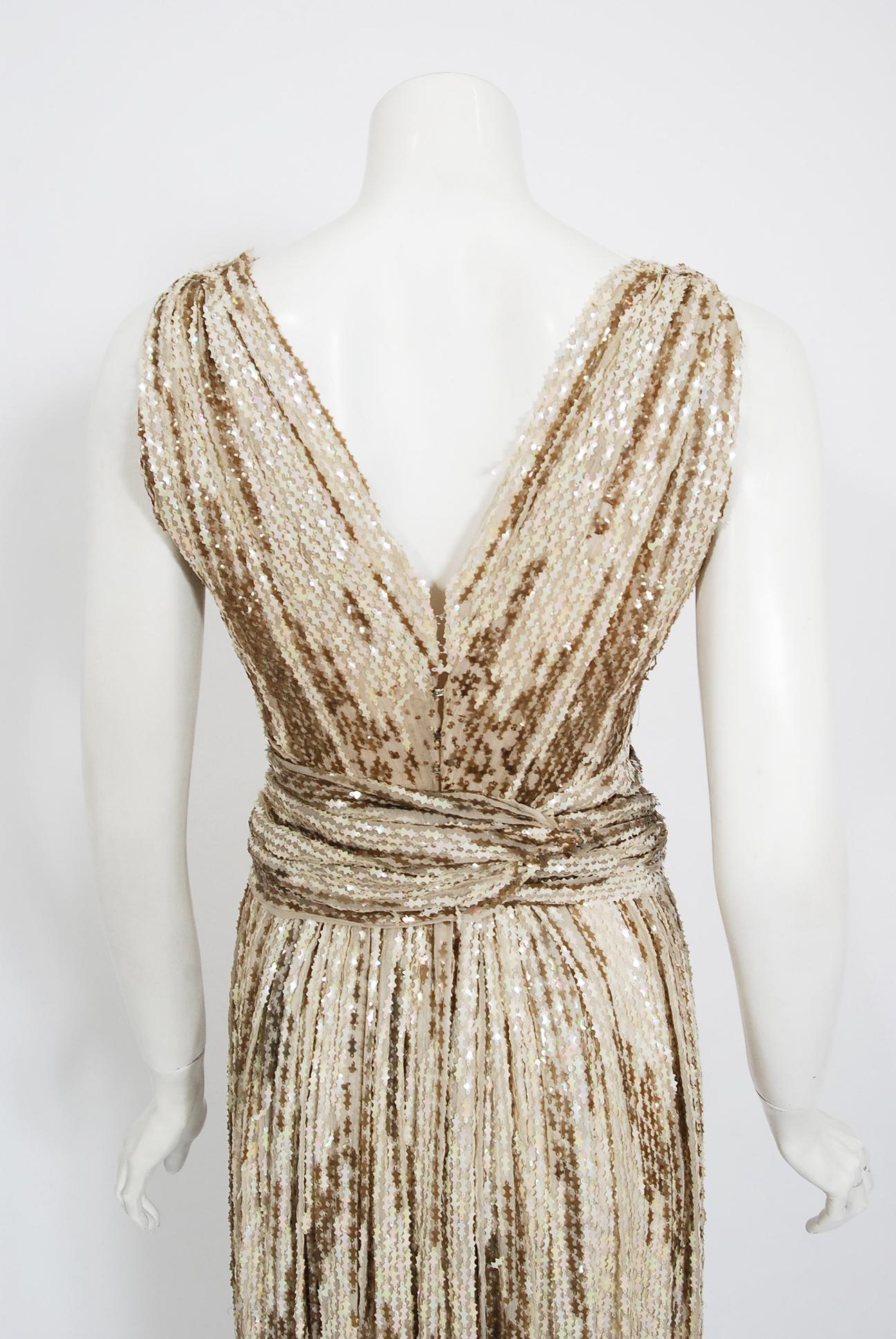 Vintage 1940's French Couture Iridescent Ivory Gold Sequin Silk Draped Gown For Sale 2