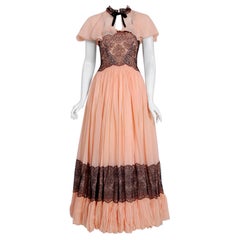 1940's French Couture Pink Silk Chiffon & Black Lace Scalloped Gown w/ Capelet