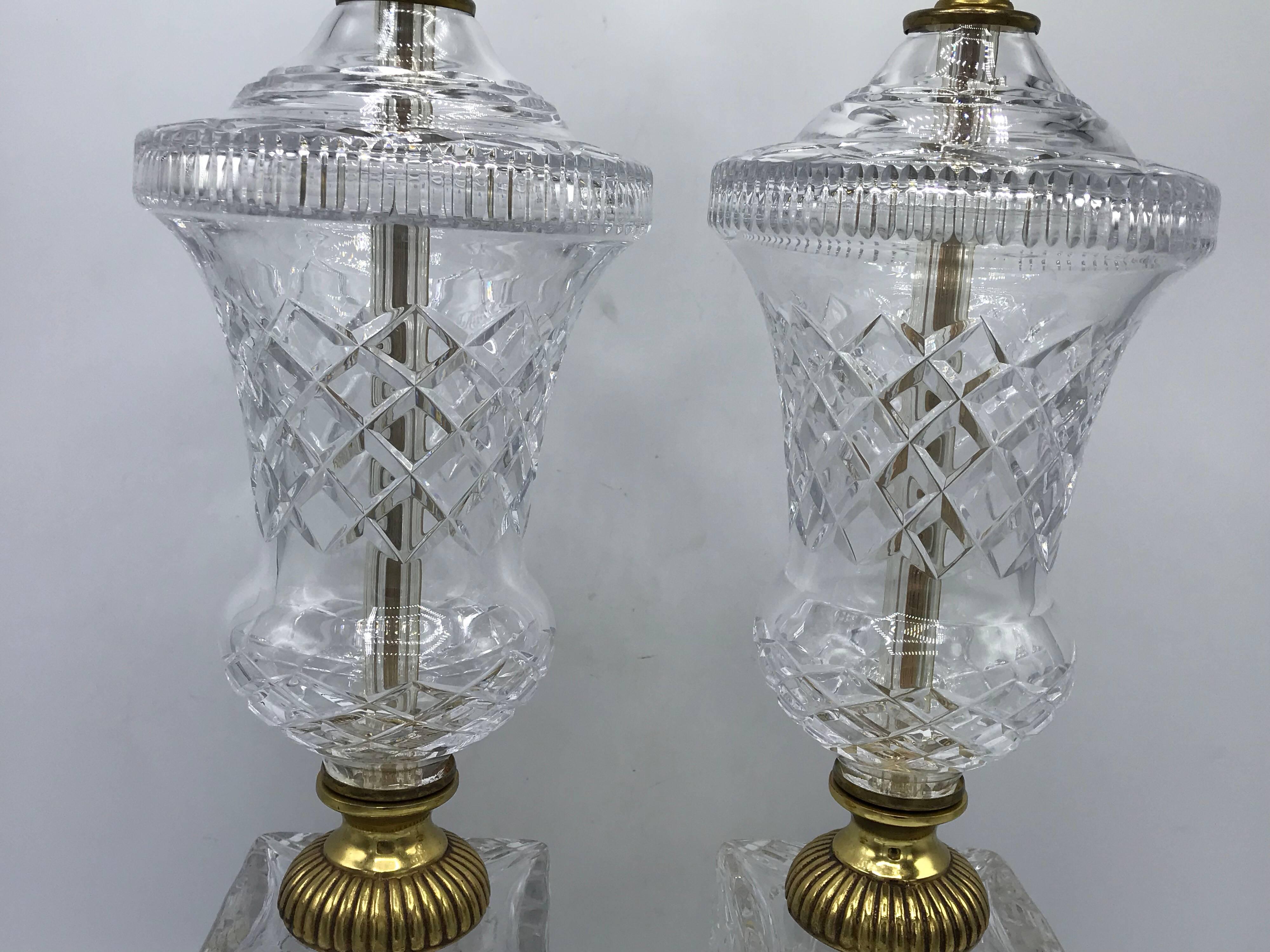 Neoclassical 1940s French Crystal and Brass Lamps, Pair