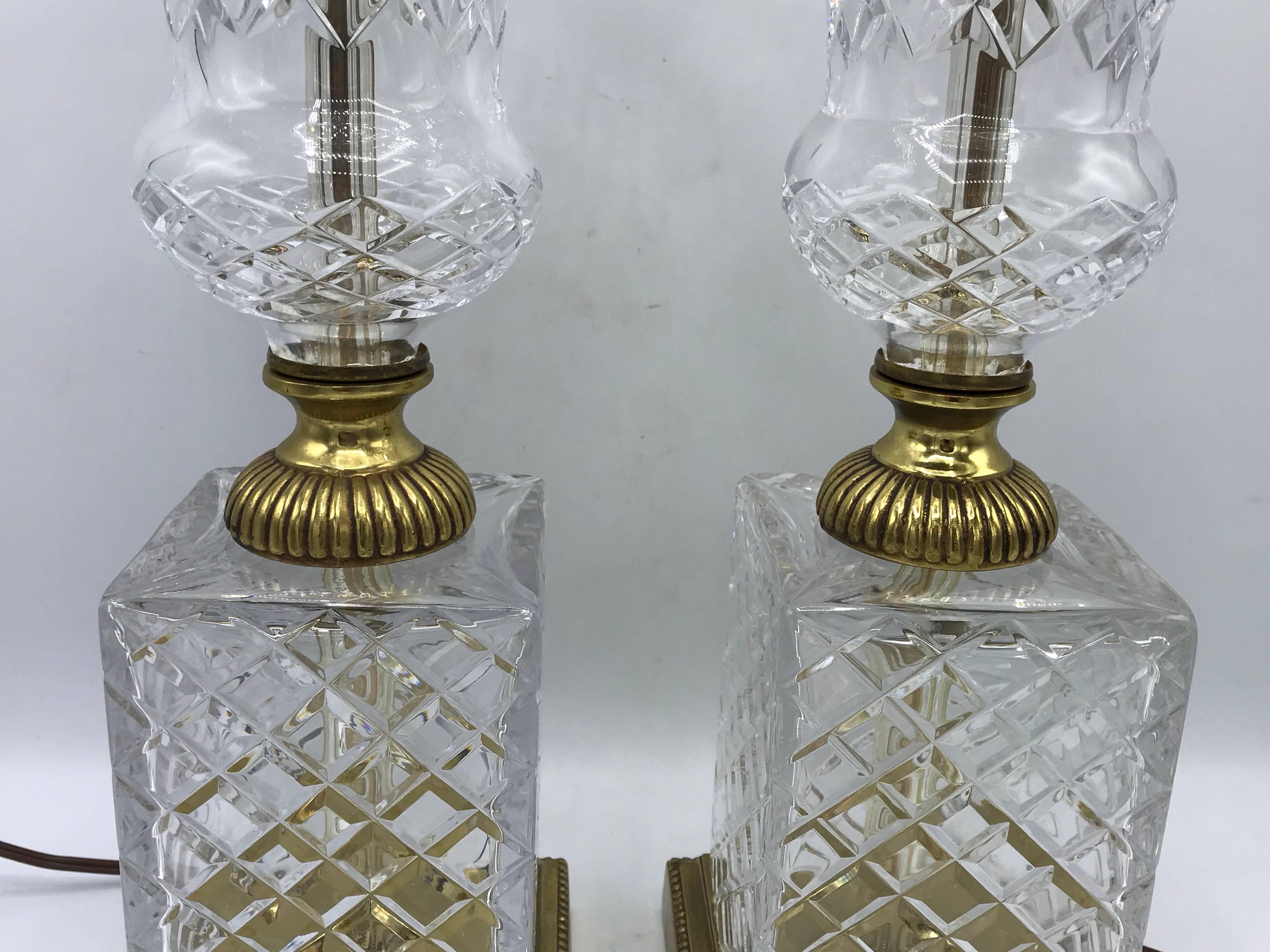1940s French Crystal and Brass Lamps, Pair In Good Condition In Richmond, VA