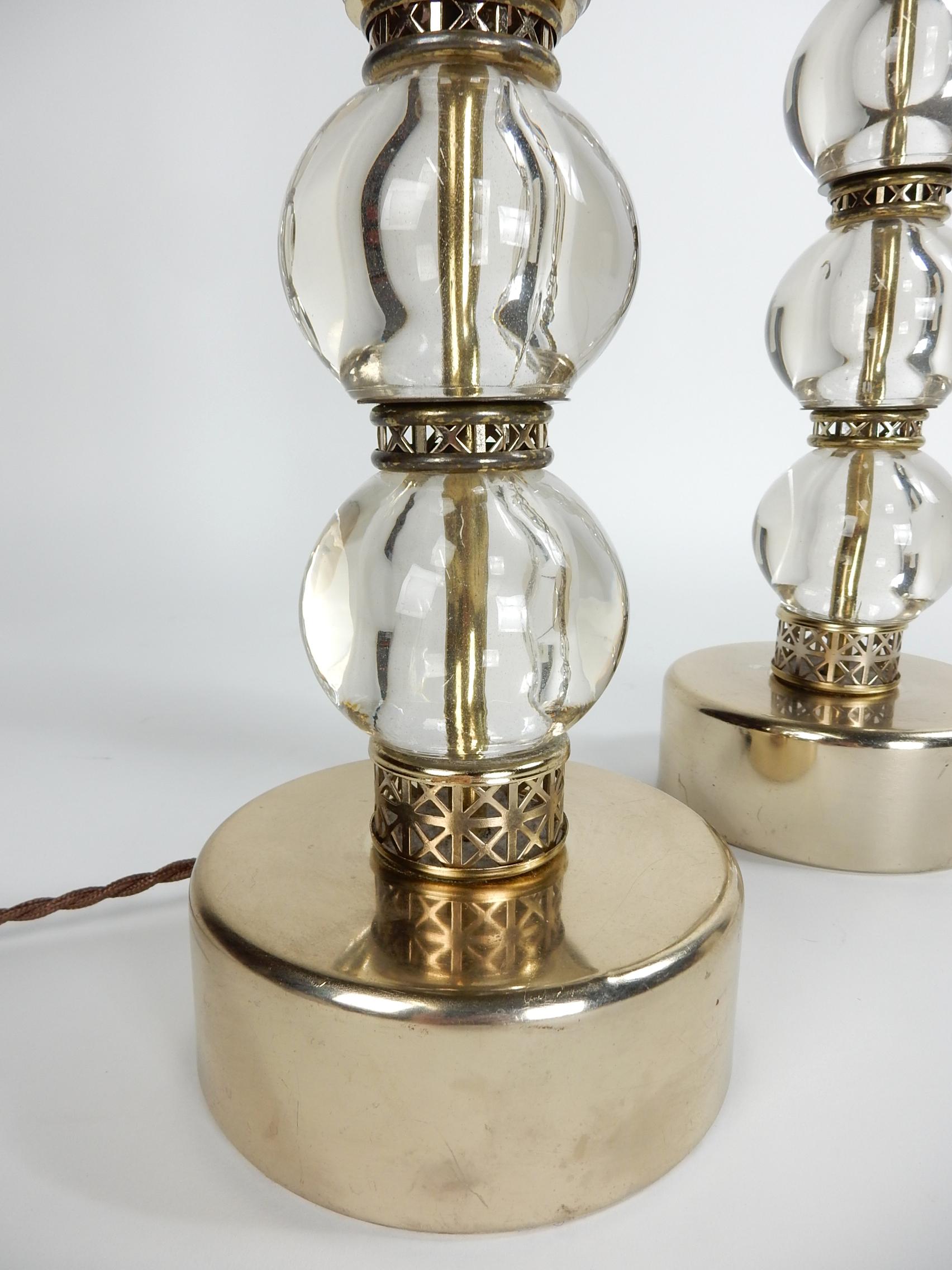 Art Deco 1940's French Crystal Glass Ball & Pierced Brass Lamps For Sale