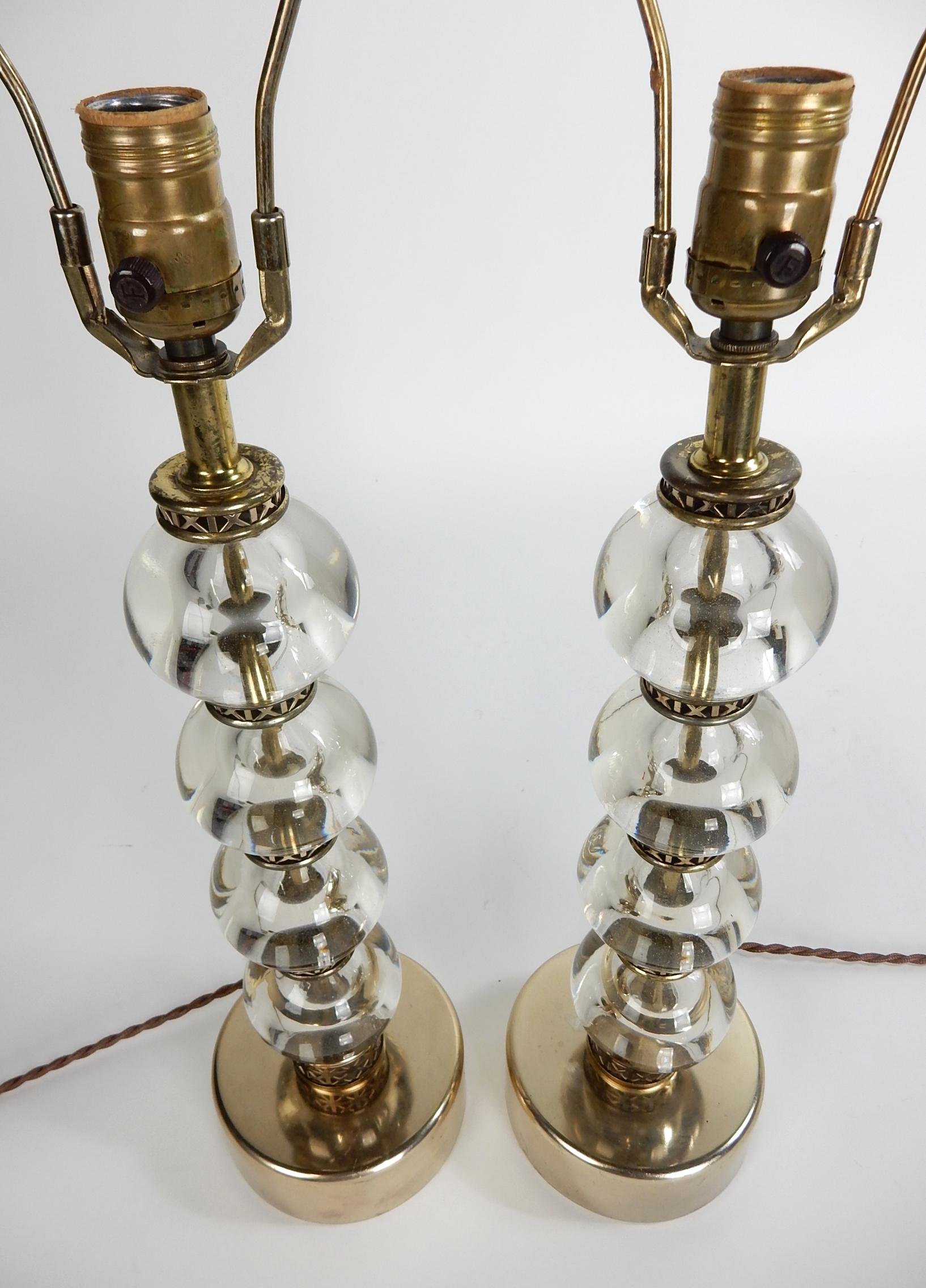 1940's French Crystal Glass Ball & Pierced Brass Lamps In Good Condition For Sale In Las Vegas, NV