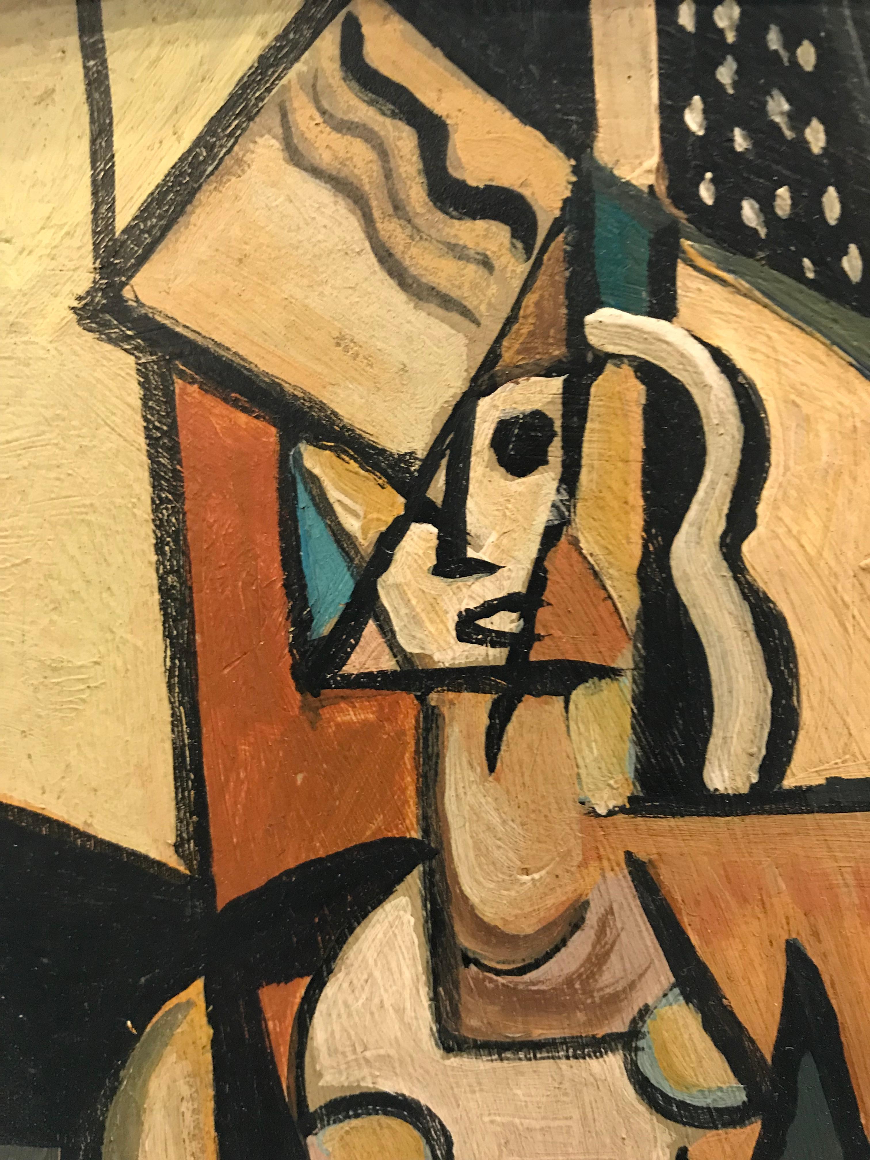 Cubism at it's finest depicting a standing figure in an enclosed space. Simply framed in white, a nice touch to a lonely wall or accent to a larger painting.