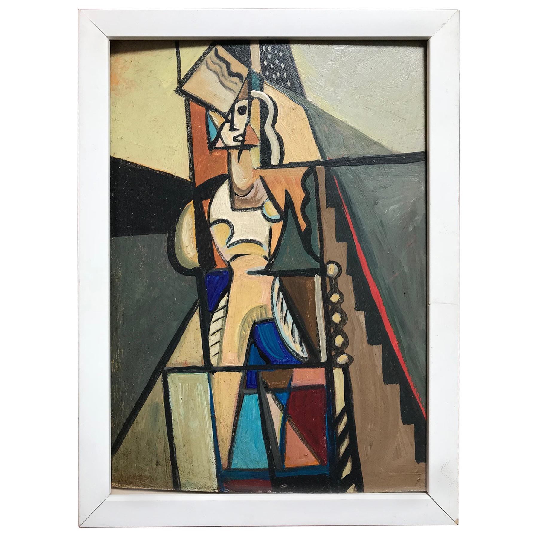 1940s French Cubist Oil Painting on Cardboard