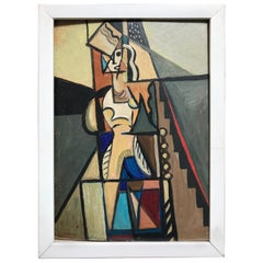 1940s French Cubist Oil Painting on Cardboard