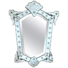 1940s French Decorative Venetian Style Wall Mirror Beveling and Star Etching