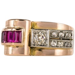 1940s French Diamond 18 Karat Rose Gold Asymmetric Tank Ring