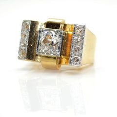 1940s French  Diamond 18 Karat Yellow Gold and Platinum Tank Ring