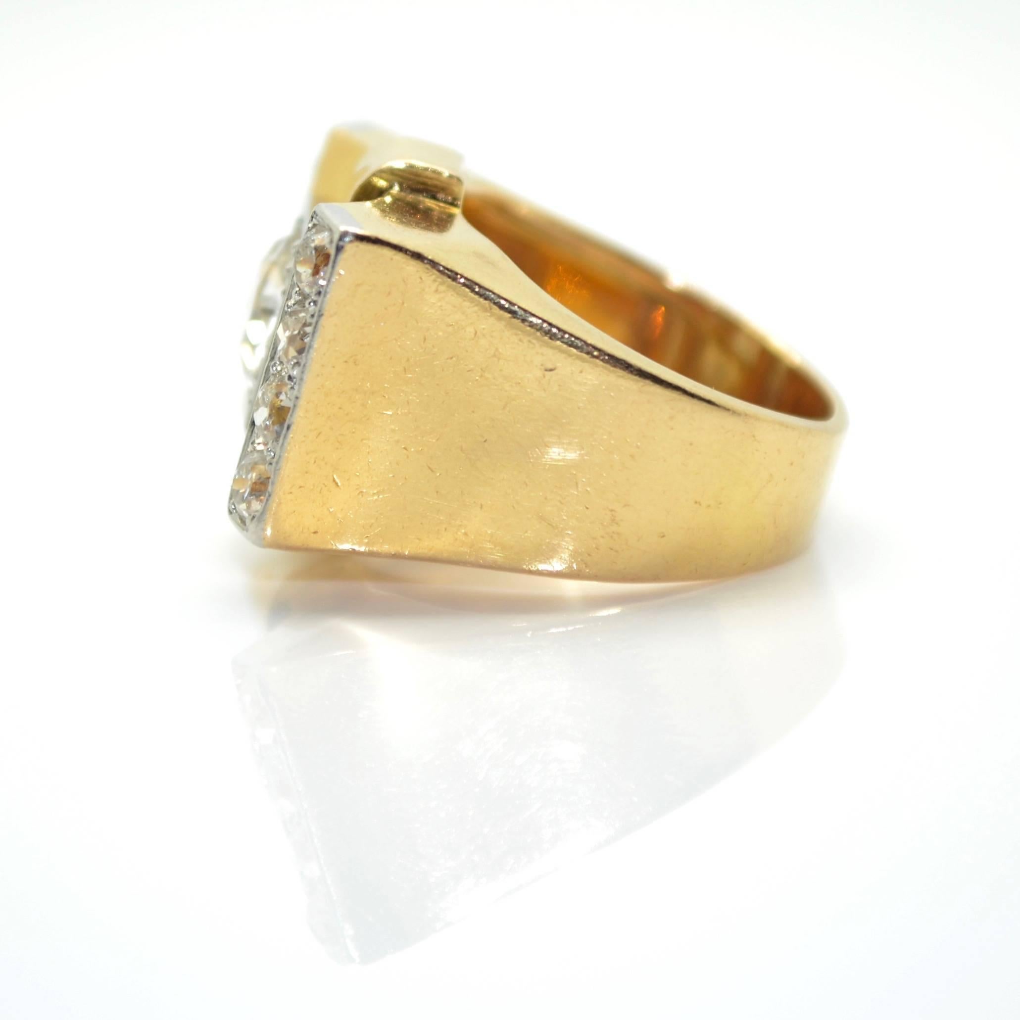 Art Deco 1940s French  Diamond 18 Karat Yellow Gold and Platinum Tank Ring