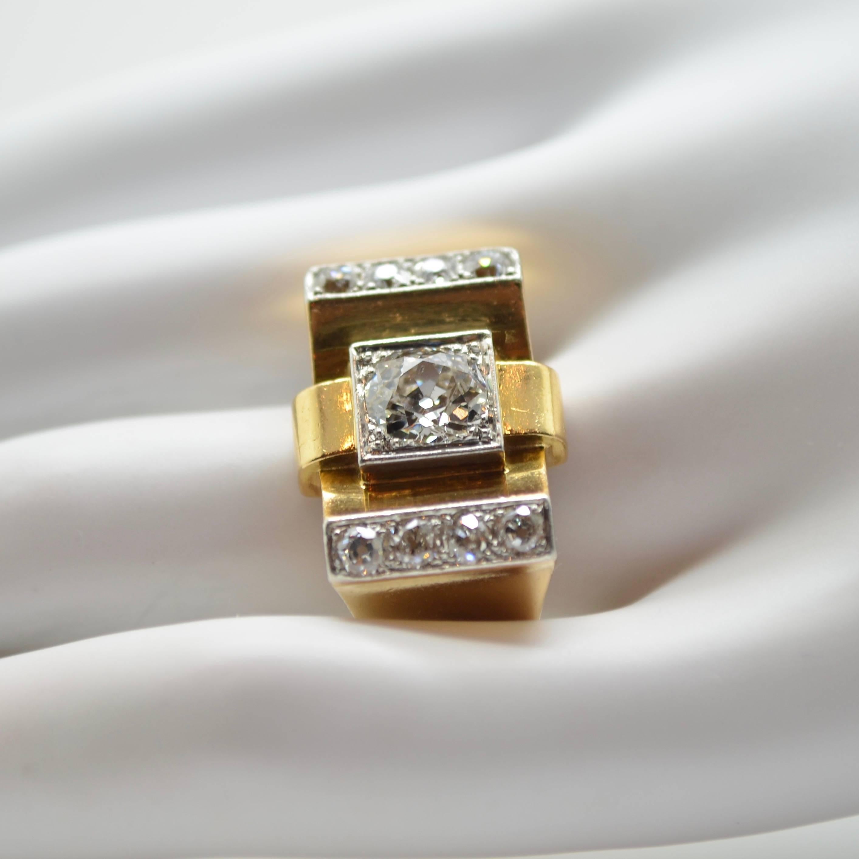 Women's 1940s French  Diamond 18 Karat Yellow Gold and Platinum Tank Ring