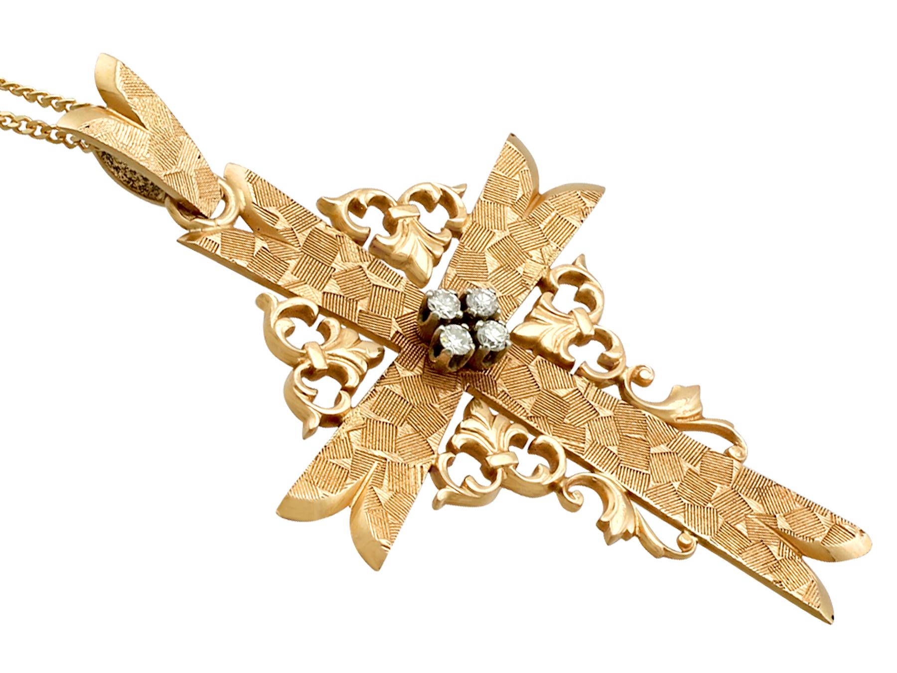 Retro 1940s French Diamond and Yellow Gold Cross Pendant