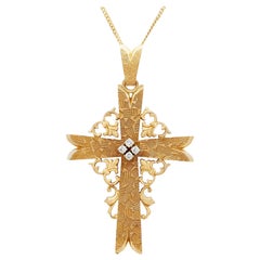 1940s French Diamond and Yellow Gold Cross Pendant