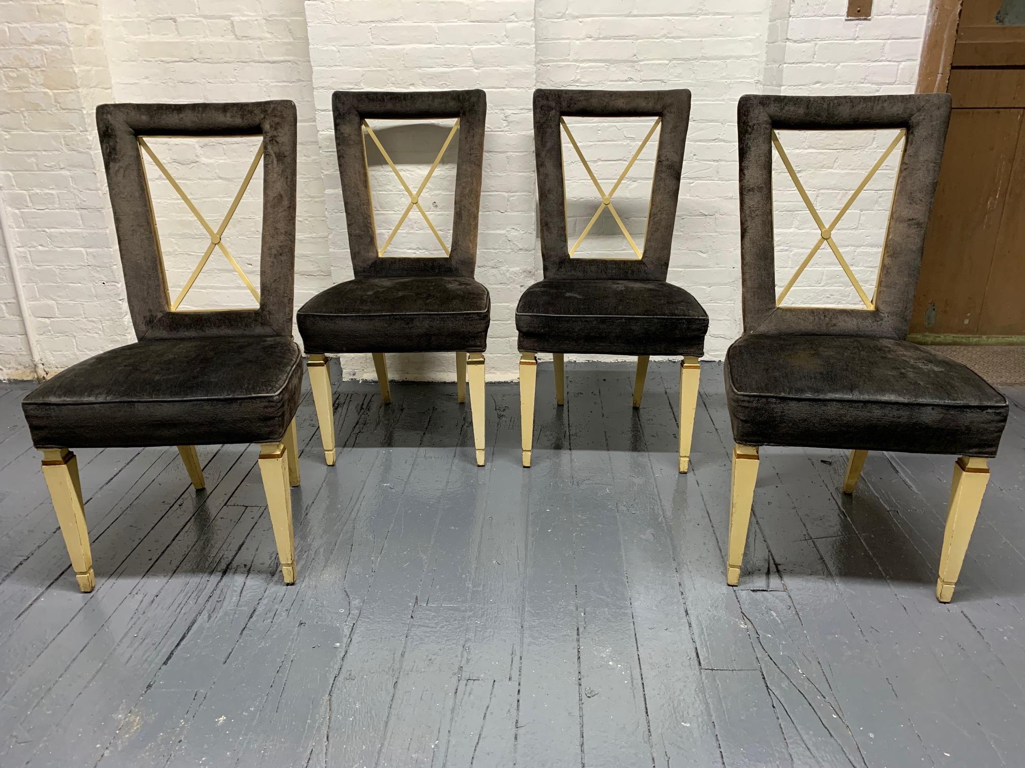 1940s French Directoire dining chairs. These chairs have open backs supported by bronze 