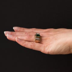 1940s French Emerald Diamond 18 Karat Rose Gold Tank Ring