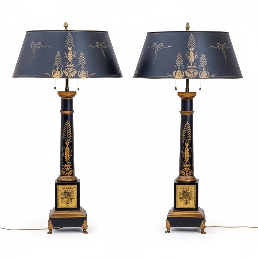 Lámparas de mesa de tole de estilo Imperio francés / neoclásico de los años 40 - Pareja en venta 3