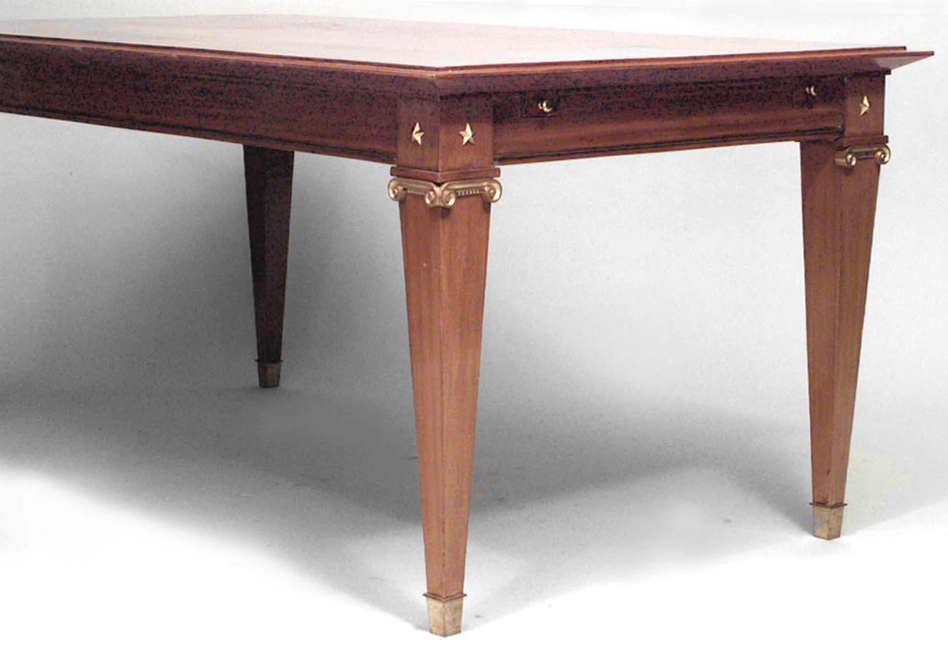 French Mid-Century (1940s) mahogany and brass trimmed extension dining table (2 leaves - 18 inches each) (by JACQUES LARDIN; ROUSSEAU ET LARDIN)
