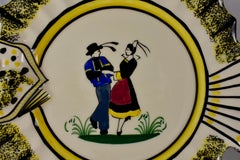 1940s French Faïence Henriot Quimper Brittany Breton Dancers Ruffled Fish Plate