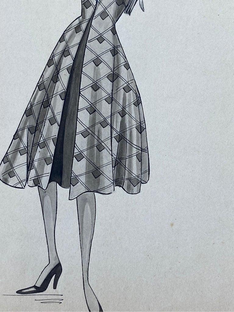 1940's French Fashion Illustration, Chic Lady In Blue Detailed Dress In Good Condition For Sale In Cirencester, GB