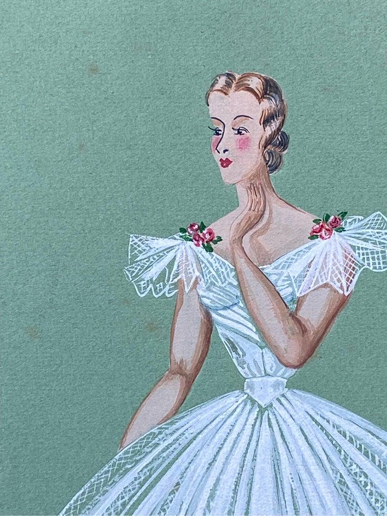 Very stylish, unique and original 1940's fashion design by French illustrator Geneviève Thomas.

The painting, executed in gouache and pencil, double sided

The sketch is original, vintage and measures unframed 11.75 x 9.75 inches. It will make