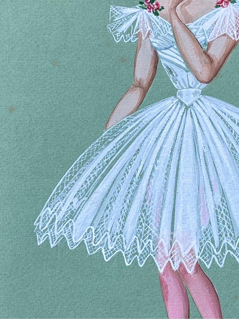 Französische Modeillustration der 1940er Jahre, atemberaubende Ballerina in weißem Kleid (20. Jahrhundert) im Angebot