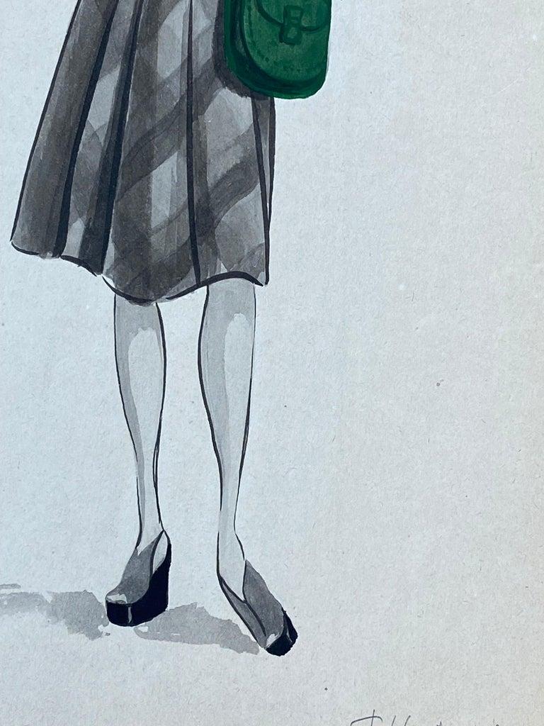 1940's French Fashion Illustration, The Stylish Lady With The Green Features In Good Condition For Sale In Cirencester, GB
