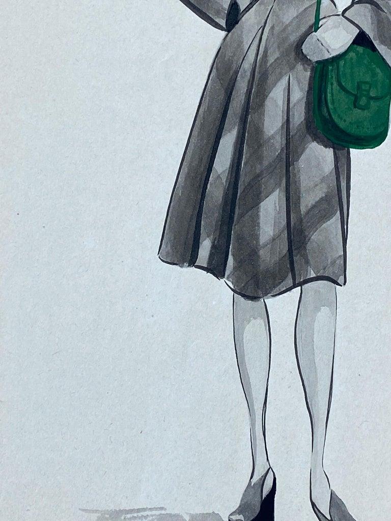 20th Century 1940's French Fashion Illustration, The Stylish Lady With The Green Features For Sale