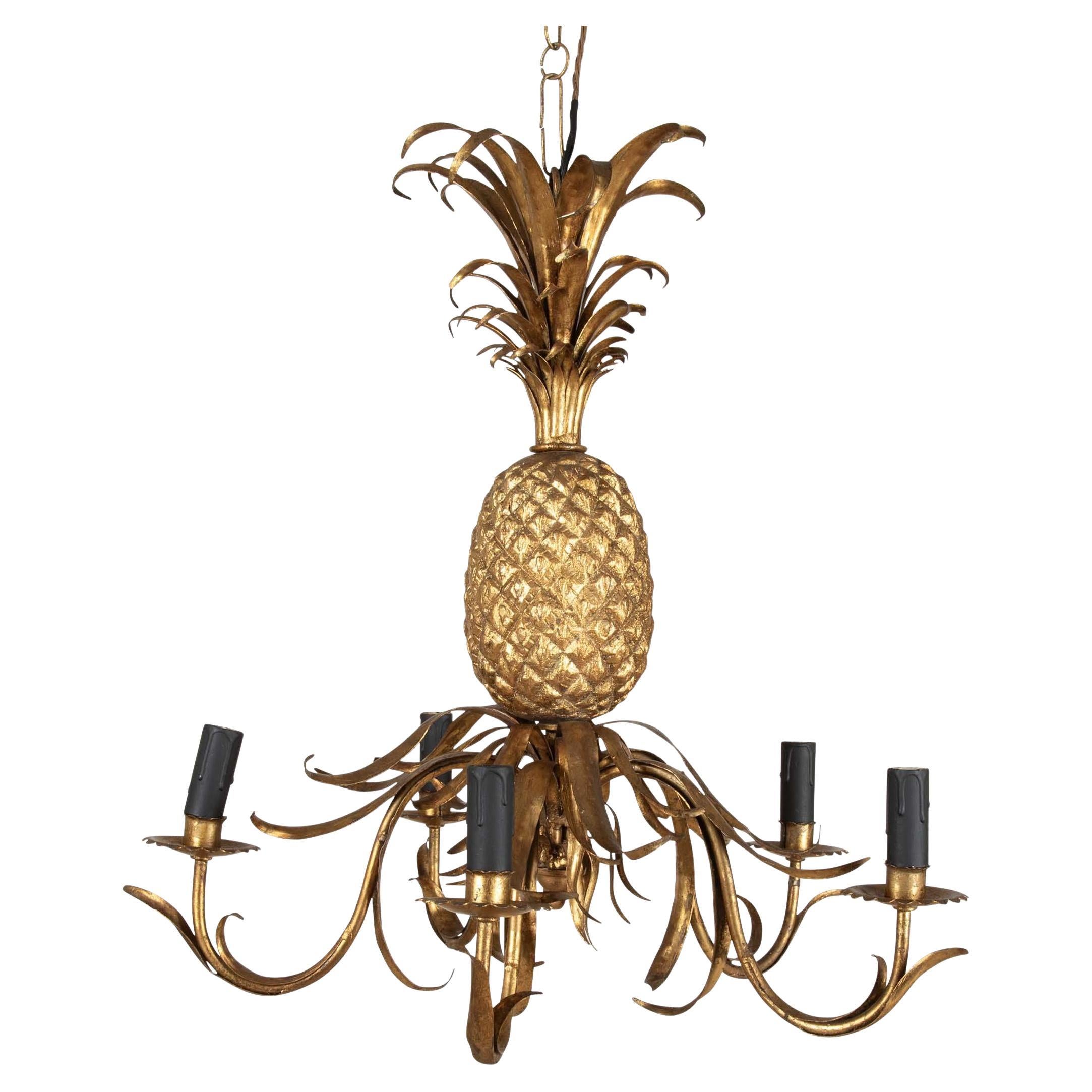 1940s French Five Arm Pineapple Gilt Chandelier For Sale