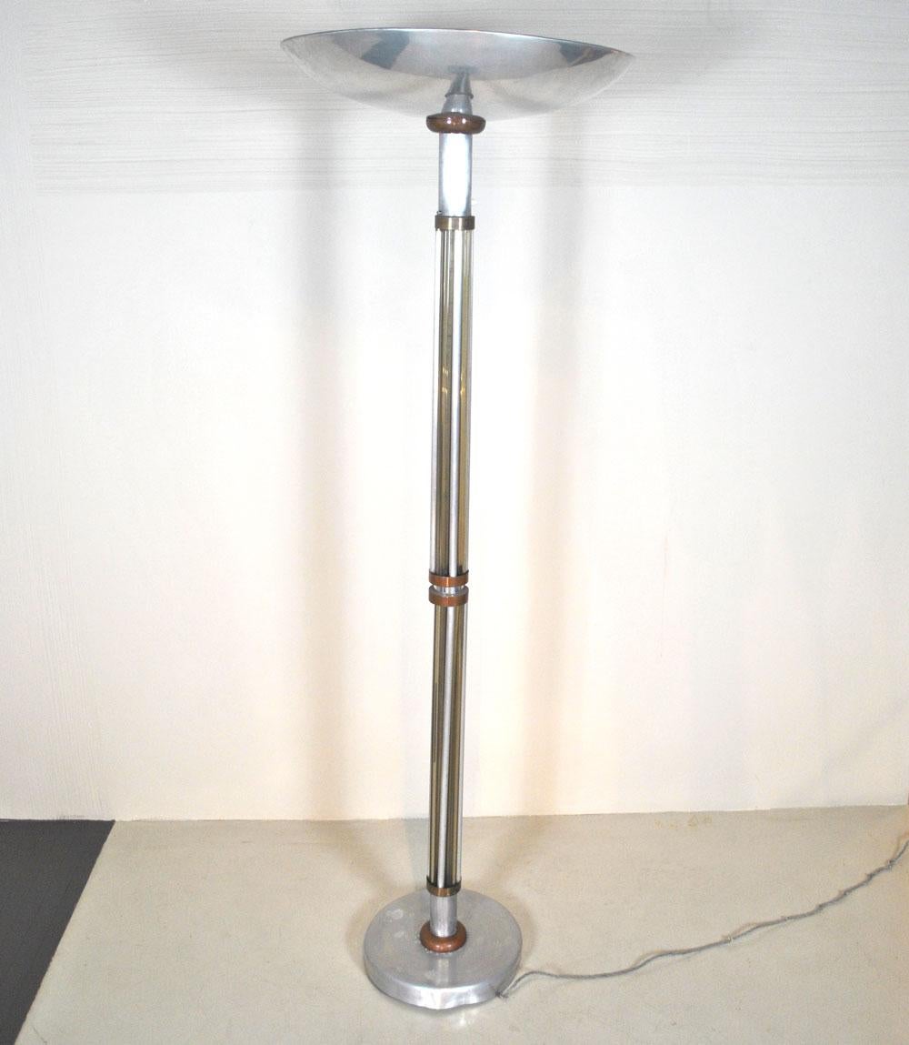 Mid-Century Modern 1940s French Floor Lamp Made of Glass and Copper Metal For Sale