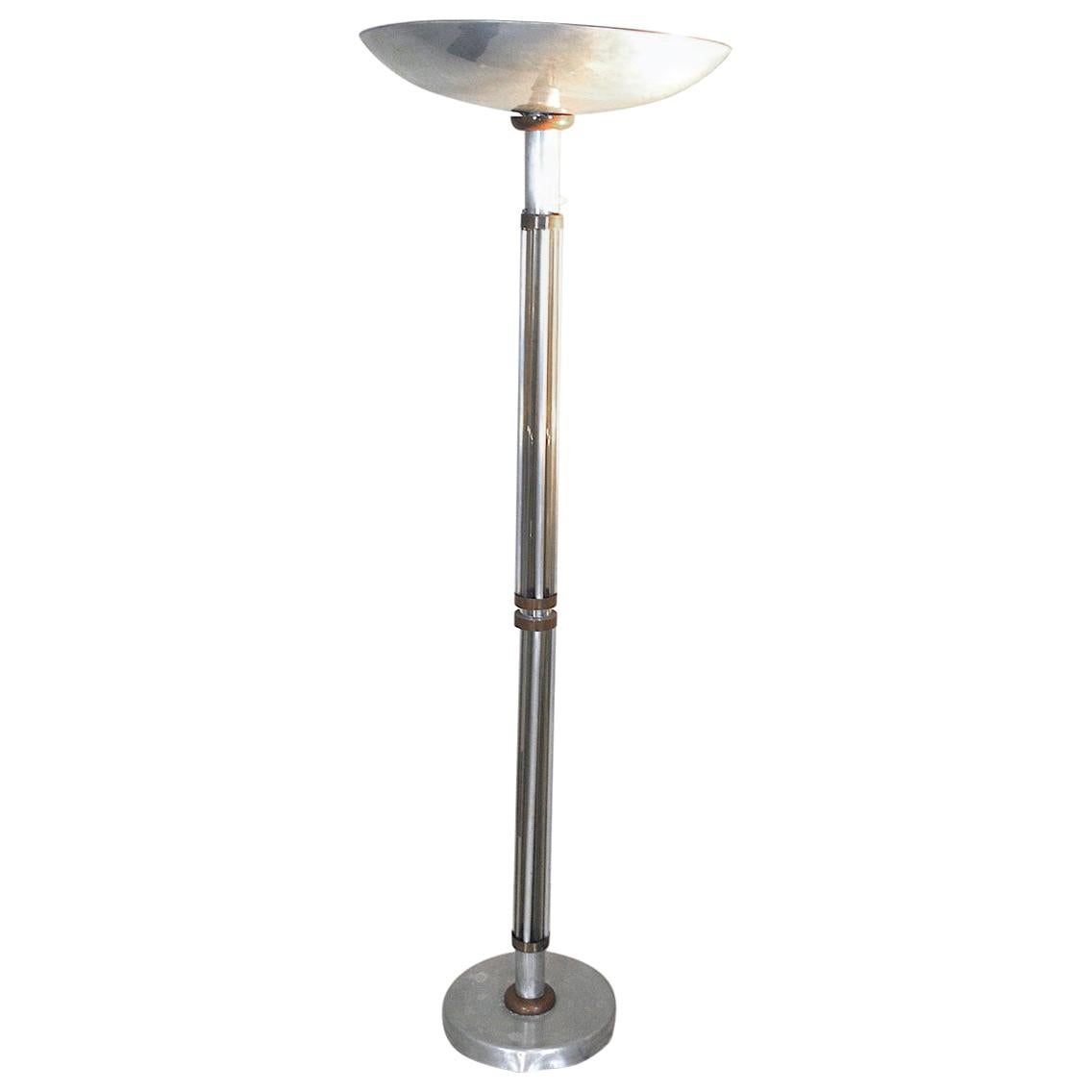 1940s French Floor Lamp Made of Glass and Copper Metal For Sale