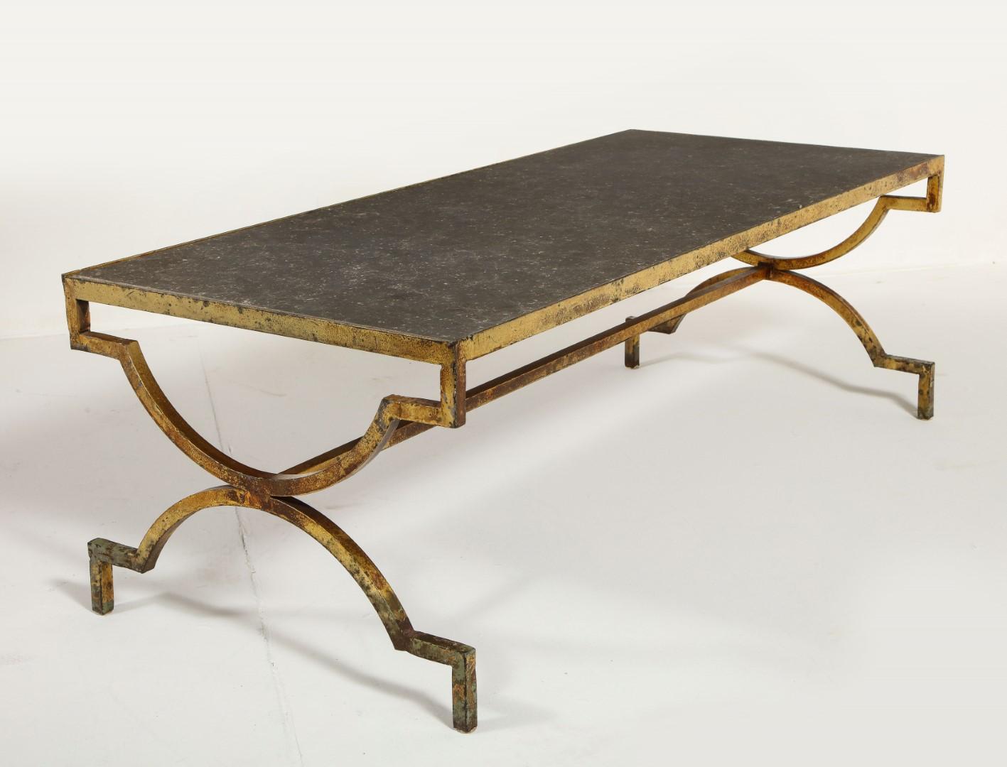 Mid-Century Modern 1940s French Gilded Iron Coffee Table with Limestone Top