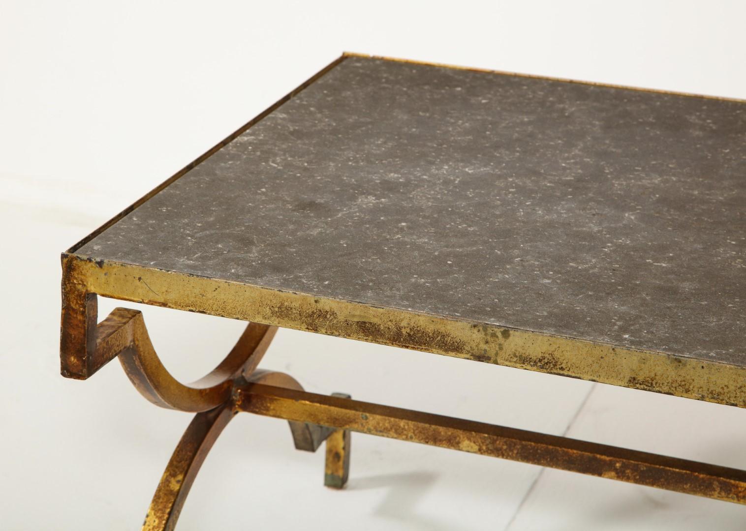 1940s French Gilded Iron Coffee Table with Limestone Top 1