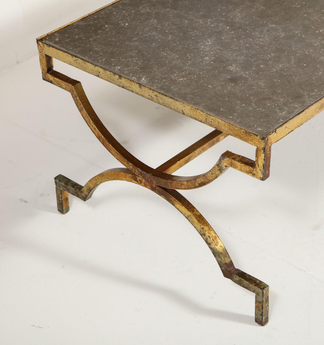 1940s French Gilded Iron Coffee Table with Limestone Top 2