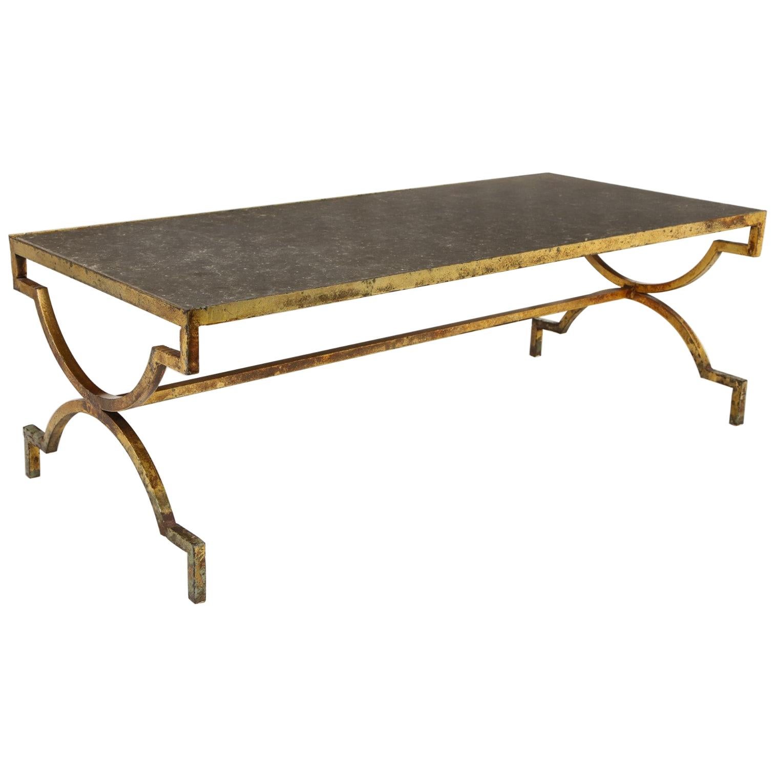 1940s French Gilded Iron Coffee Table with Limestone Top