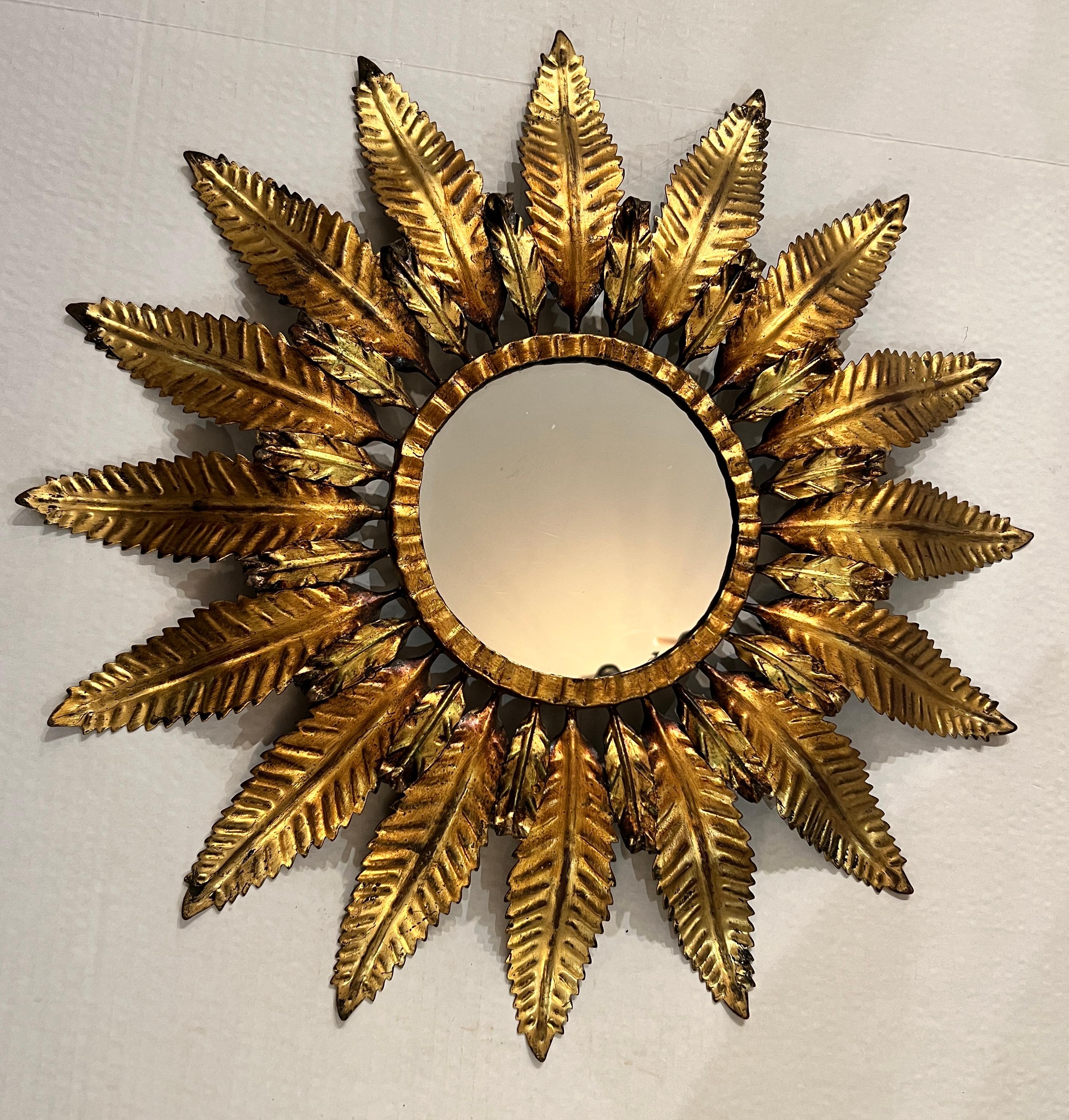 1940's French Gilt Metal Sunburst Mirror  In Excellent Condition For Sale In Mt Kisco, NY