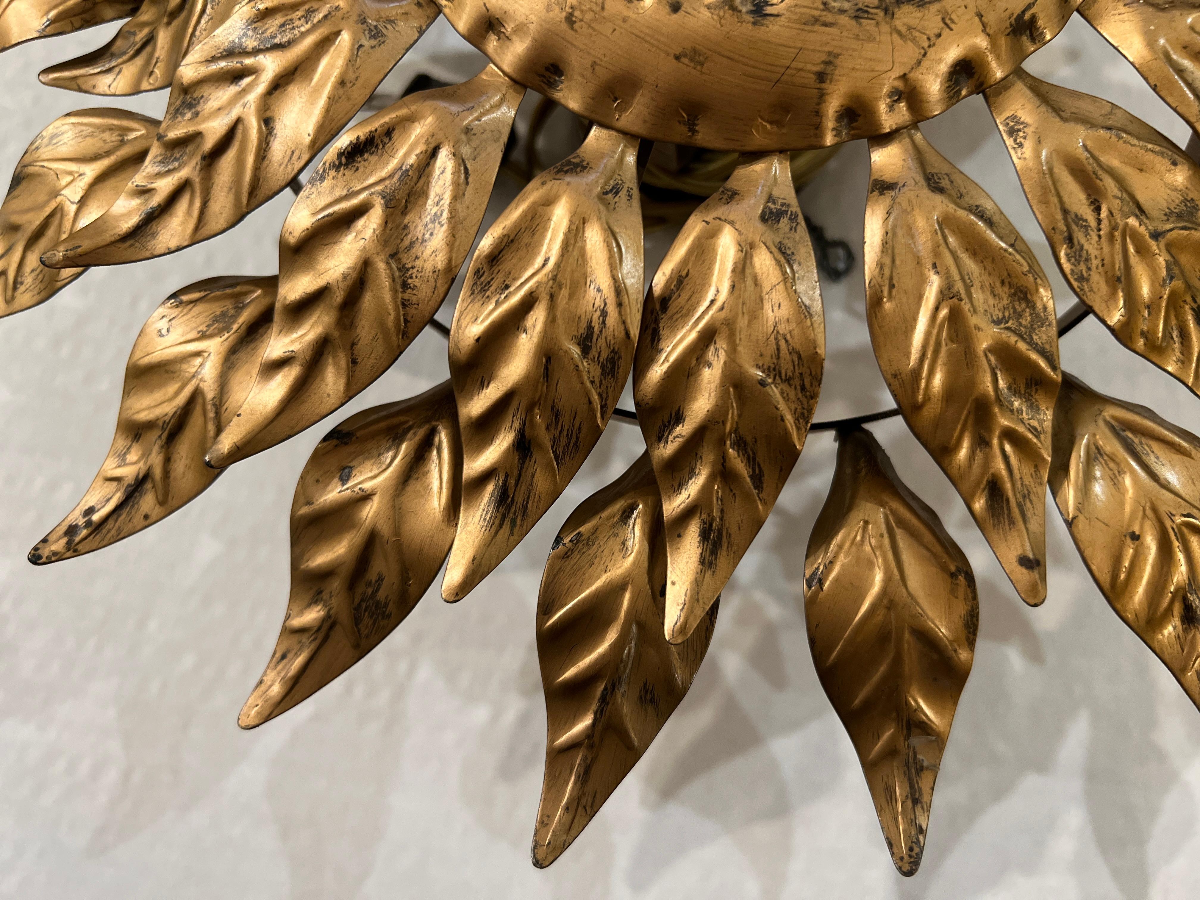 Mid-20th Century 1940's Petite French Gilt Metal Sunflower Light For Sale