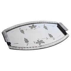 1940s French Glass and Mirror Tray Beveled Edges  Floral and Grape Motif