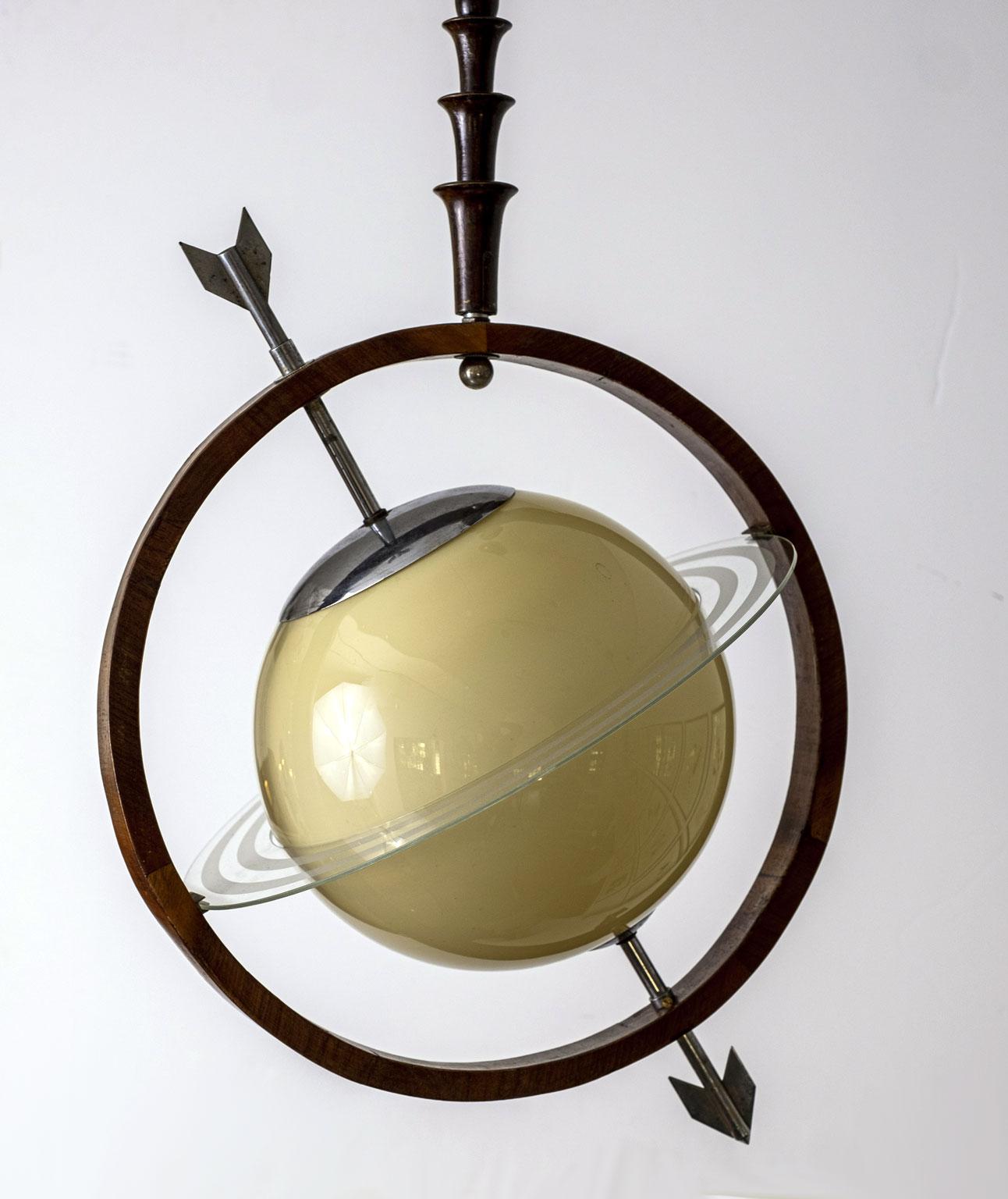 French Glass and Wood 'Ringed Planet' Globe Pendant from 1940s 1