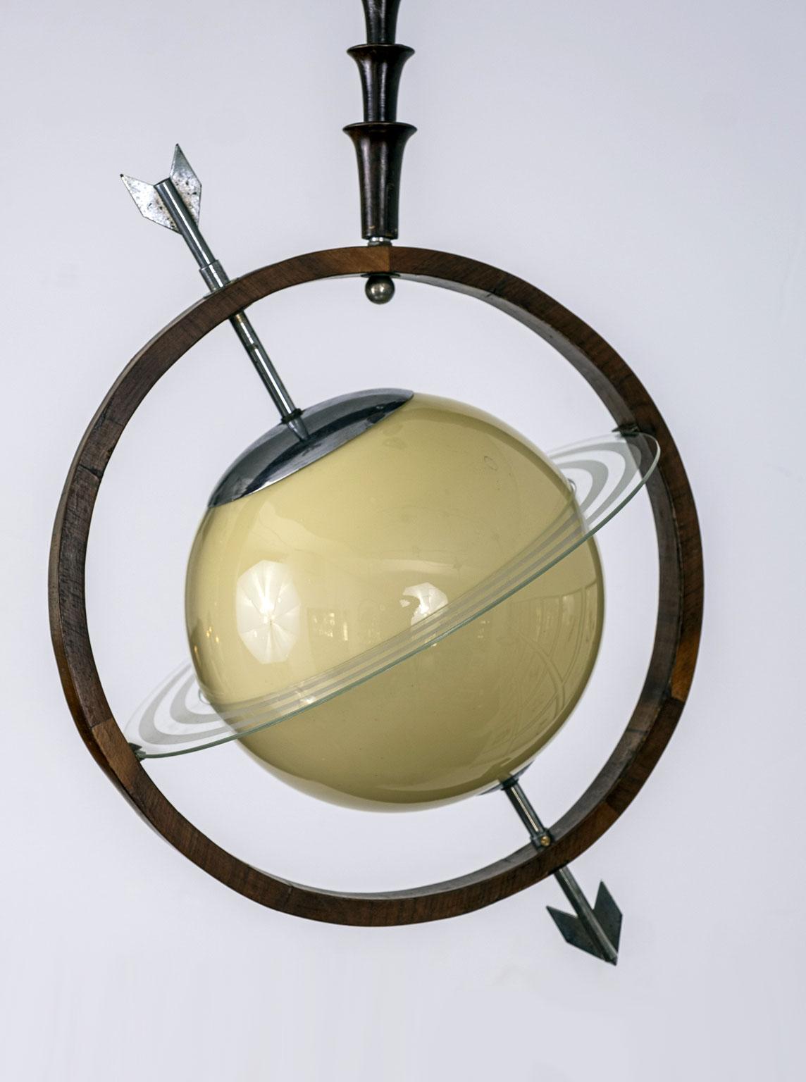 French Glass and Wood 'Ringed Planet' Globe Pendant from 1940s 2