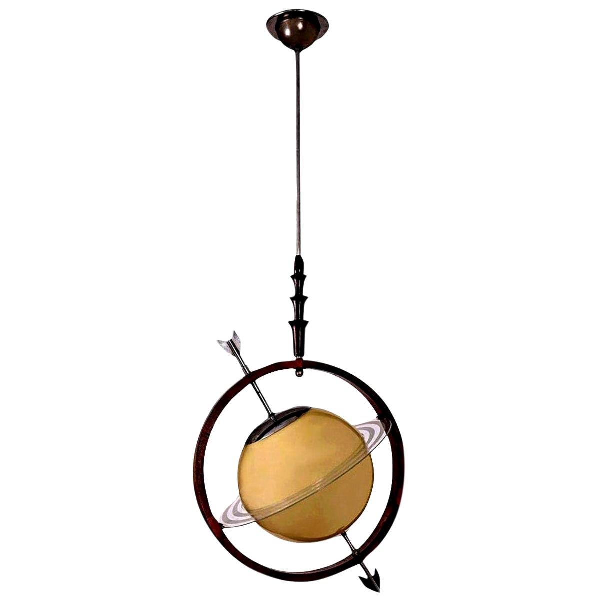 French Glass and Wood 'Ringed Planet' Globe Pendant from 1940s 7
