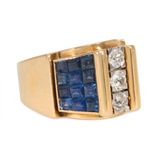 1940s French Gold, Sapphire and Diamond Architectural Ring