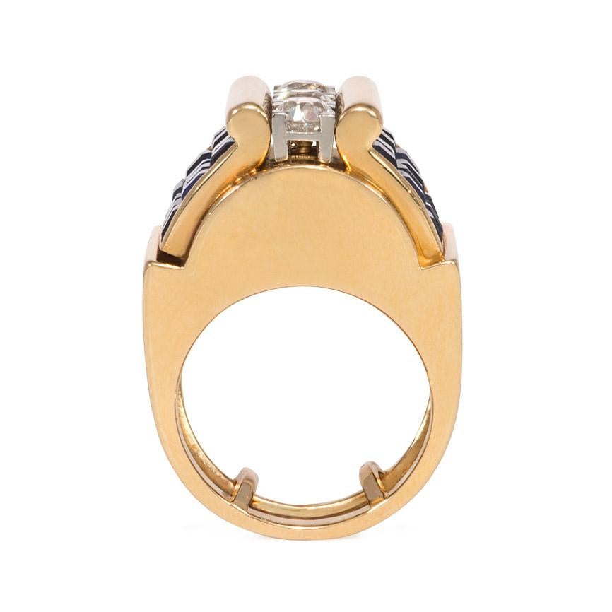 Retro 1940s French Gold, Sapphire and Diamond Architectural Ring