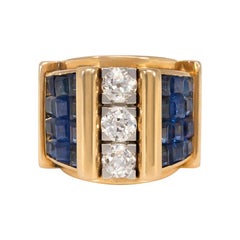 1940s French Gold, Sapphire and Diamond Architectural Ring