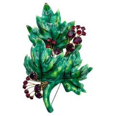 1940s French Green Enamel & Ruby Rhinestone Leaf Branch Brooch