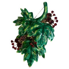 1940's French Green Enamel & Ruby Rhinestone Leaf Branch Brooch