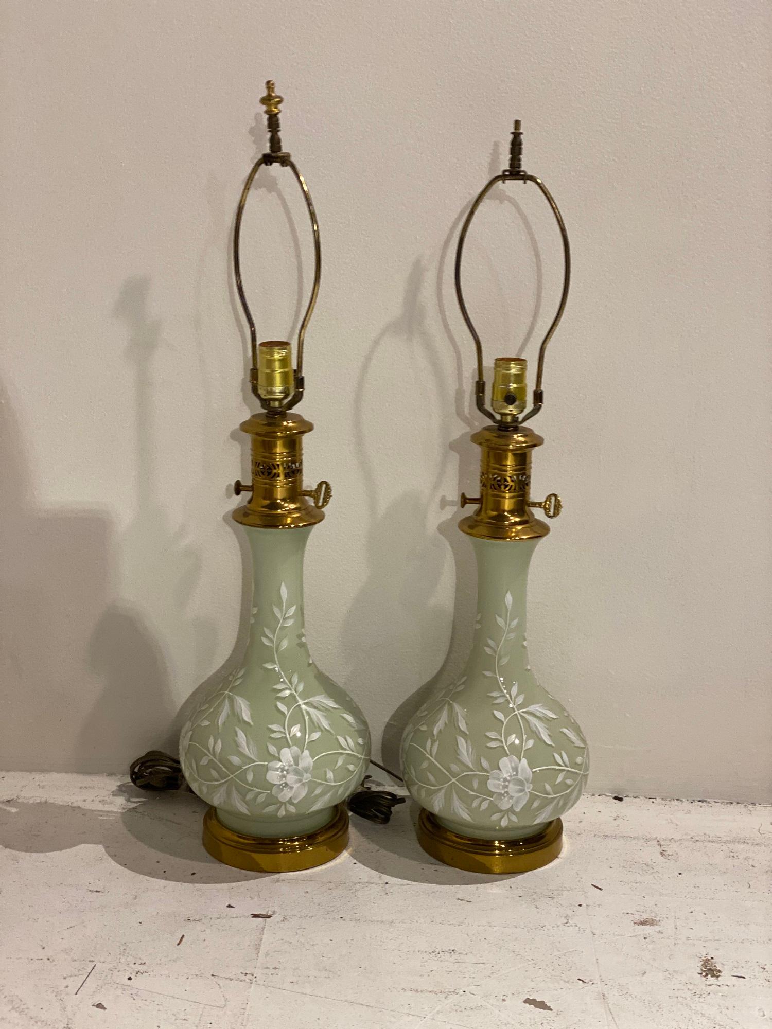 French Provincial 1940's French Light Green Glass Table Lamps with Hand Painting For Sale